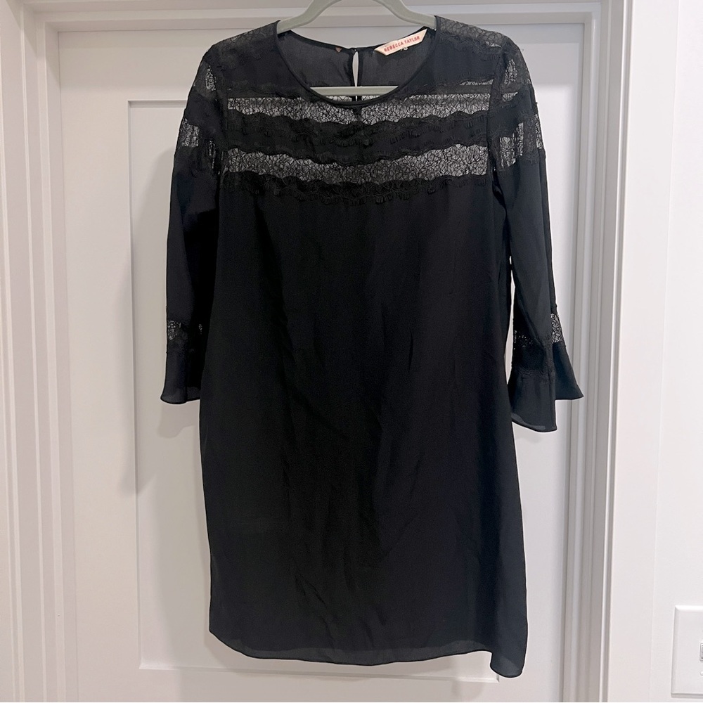 Rebecca Taylor Silk and Lace Mini Dress Bell Sleeves Black Size 6